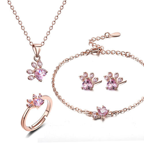 Rose Gold Paw Jewelry Set 4 Pieces with Zirconia Heart