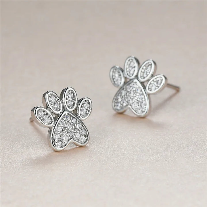 White Zirconia Paw Heart-Shaped Earrings
