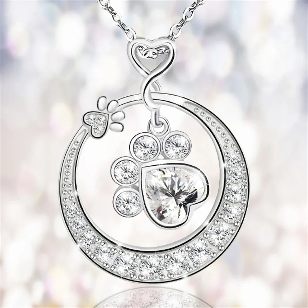 Cute Paw Print Necklace Silver with Cubic Zirconia