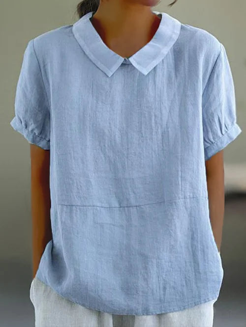 Bella | Women’s Linen Short Sleeve Blouse with Peter Pan Collar for Everyday Wear