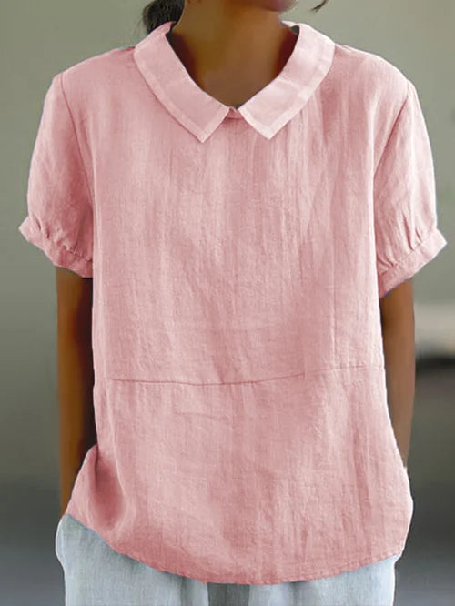 Bella | Women’s Linen Short Sleeve Blouse with Peter Pan Collar for Everyday Wear