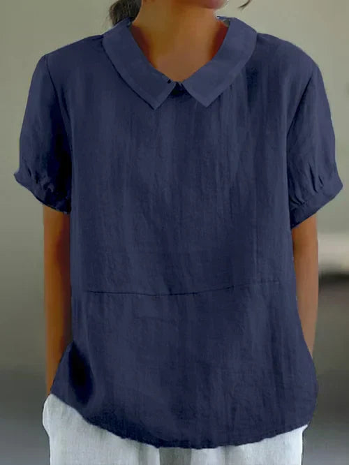Bella | Women’s Linen Short Sleeve Blouse with Peter Pan Collar for Everyday Wear
