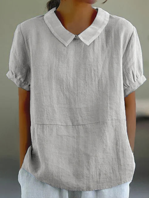 Bella | Women’s Linen Short Sleeve Blouse with Peter Pan Collar for Everyday Wear