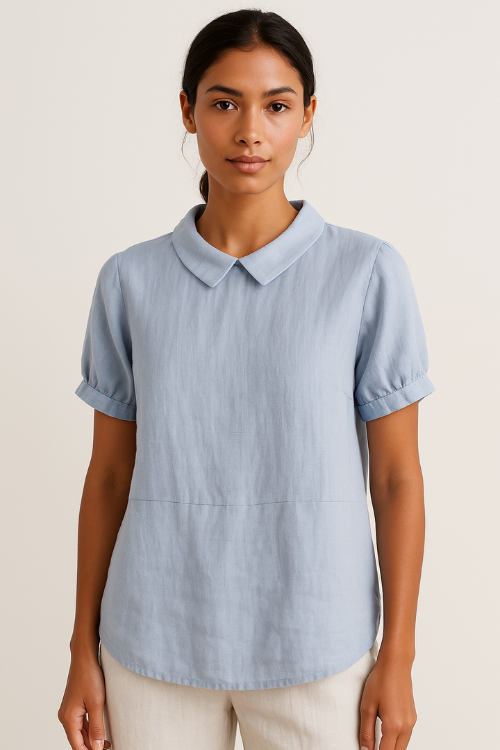 Bella | Women’s Linen Short Sleeve Blouse with Peter Pan Collar for Everyday Wear