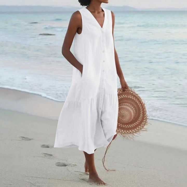 Sage | Linen Sleeveless Midi Dress A-Line Tiered Button-Down