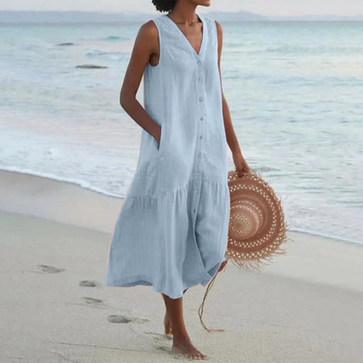 Sage | Linen Sleeveless Midi Dress A-Line Tiered Button-Down