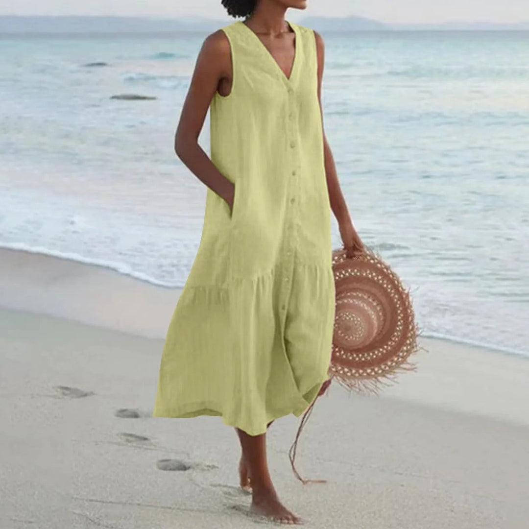 Sage | Linen Sleeveless Midi Dress A-Line Tiered Button-Down