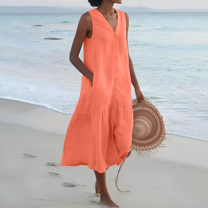 Sage | Linen Sleeveless Midi Dress A-Line Tiered Button-Down