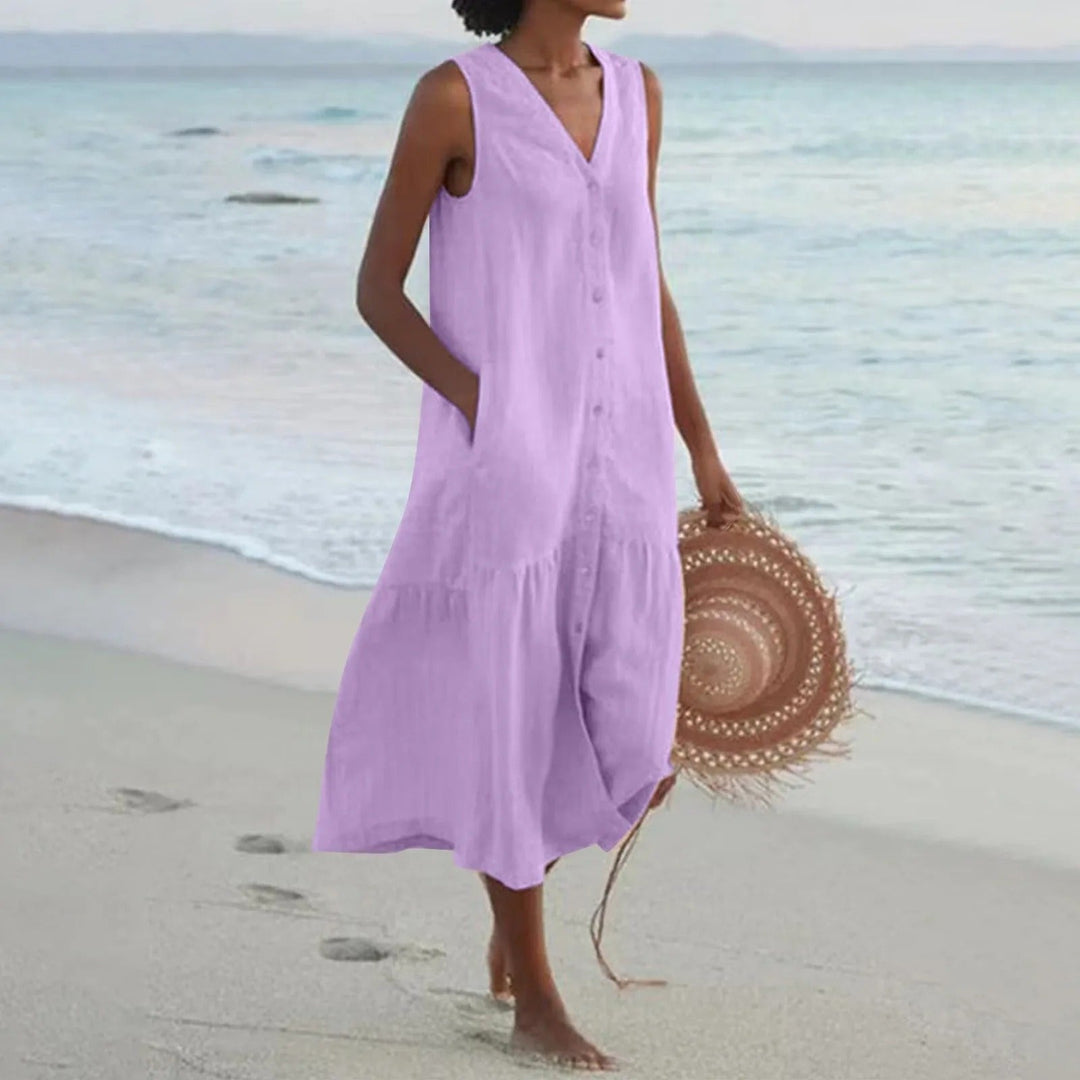 Sage | Linen Sleeveless Midi Dress A-Line Tiered Button-Down