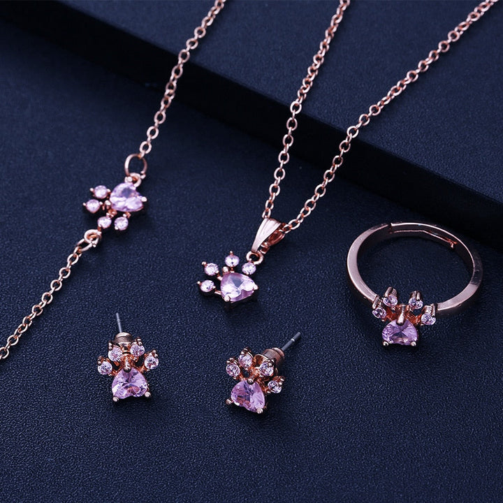 Rose Gold Paw Jewelry Set 4 Pieces with Zirconia Heart